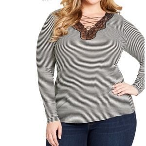 Jessica Simpson Yvetta Black/White Striped Long Sleeve with Black Lace Accents